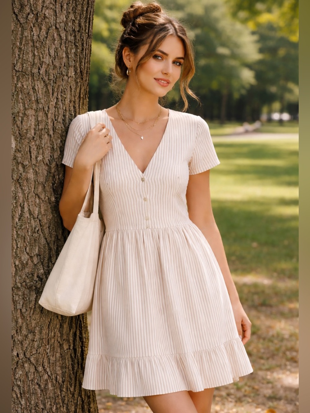 MP|C Neutral Striped Ruffle Dress Size Medium Short Sleeve Casual Dropped Waist